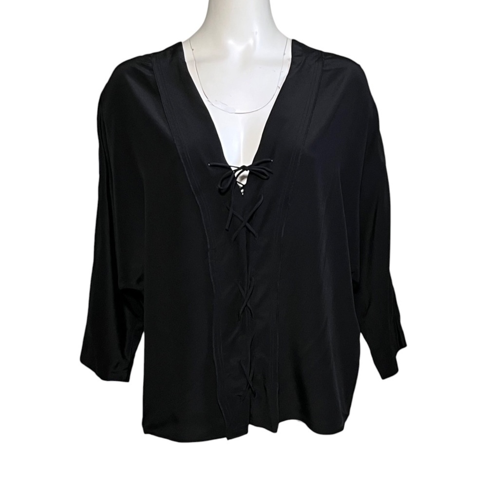 Sandro Paris Black 100% Silk Lace Up Boxy Top Blouse Women's Size 3/US 8